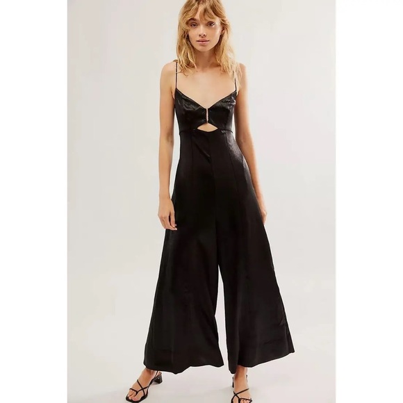 Free People Pants - NWT Free People Abbie Satin Wide Leg Jumpsuit in Black, Size 2